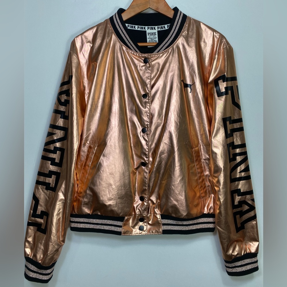 PINK Victoria’s Secret Metallic Rose Gold Big Logo Long Sleeves Jacket, M/L - Picture 2 of 8